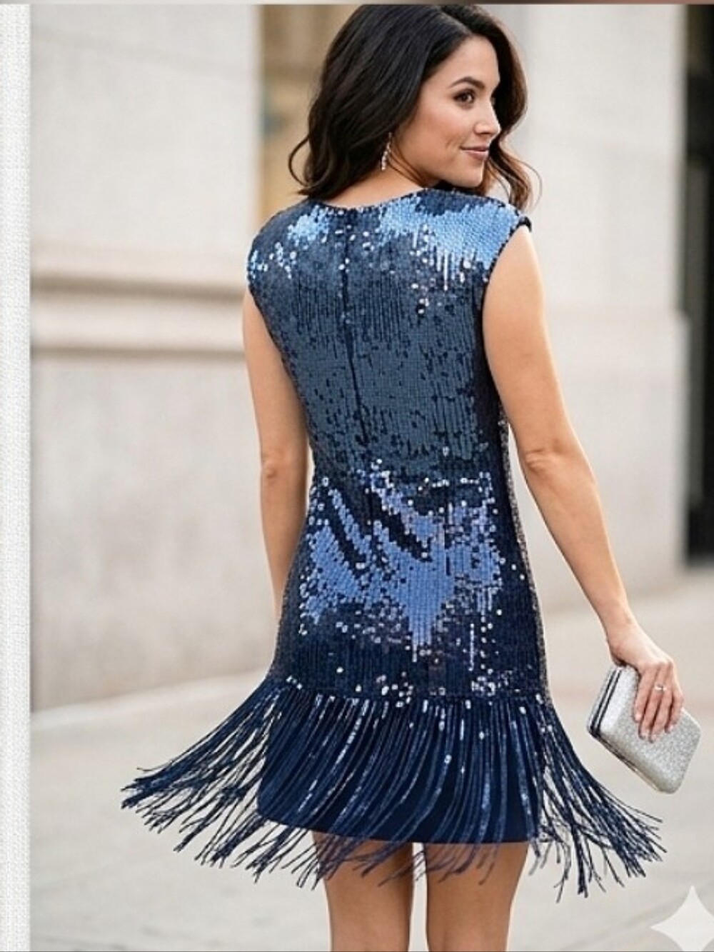 Joie Navy Sequin Fringe Mini Dress Sleeveless, classic sheath